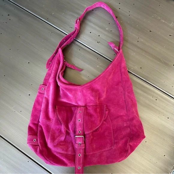 Jill Stuart Hot Pink Suede Slouch Purse Bag - Picture 1 of 6